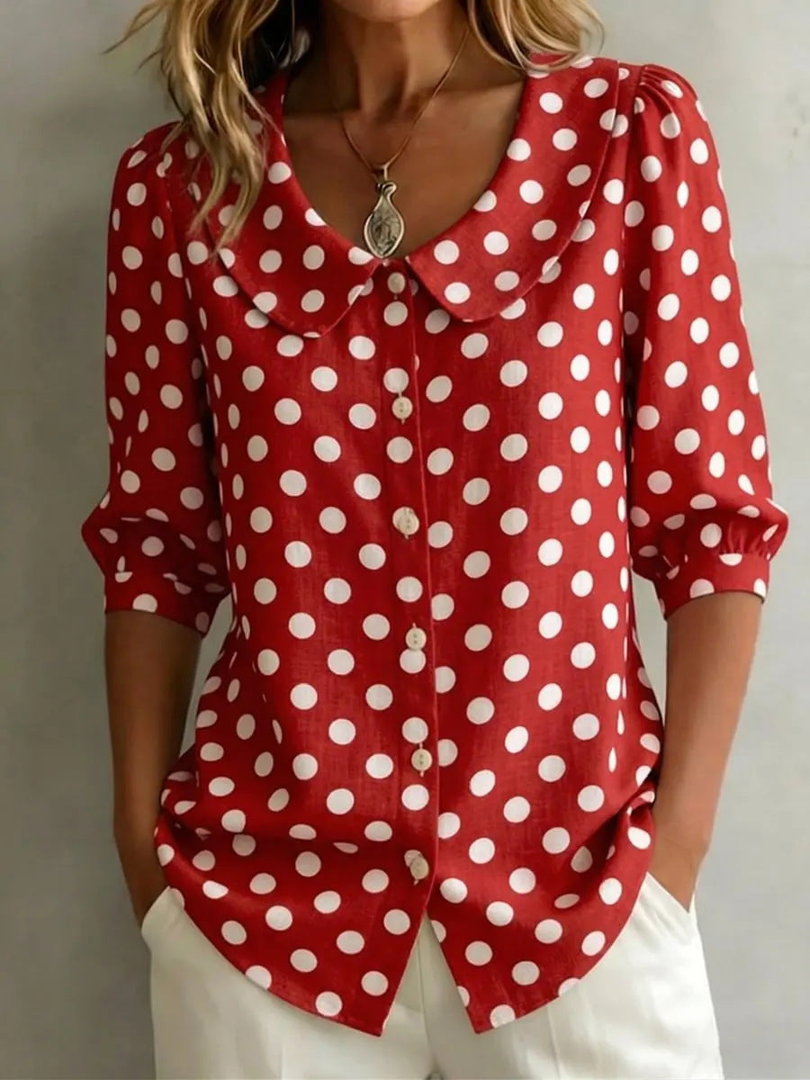 Women's Retro Polka Dot Three-Quarter Sleeve Loose Cardigan Shirt