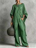 Women's Drop Shoulder Three-Quarter Sleeve Irregular Shirt & Pants Set