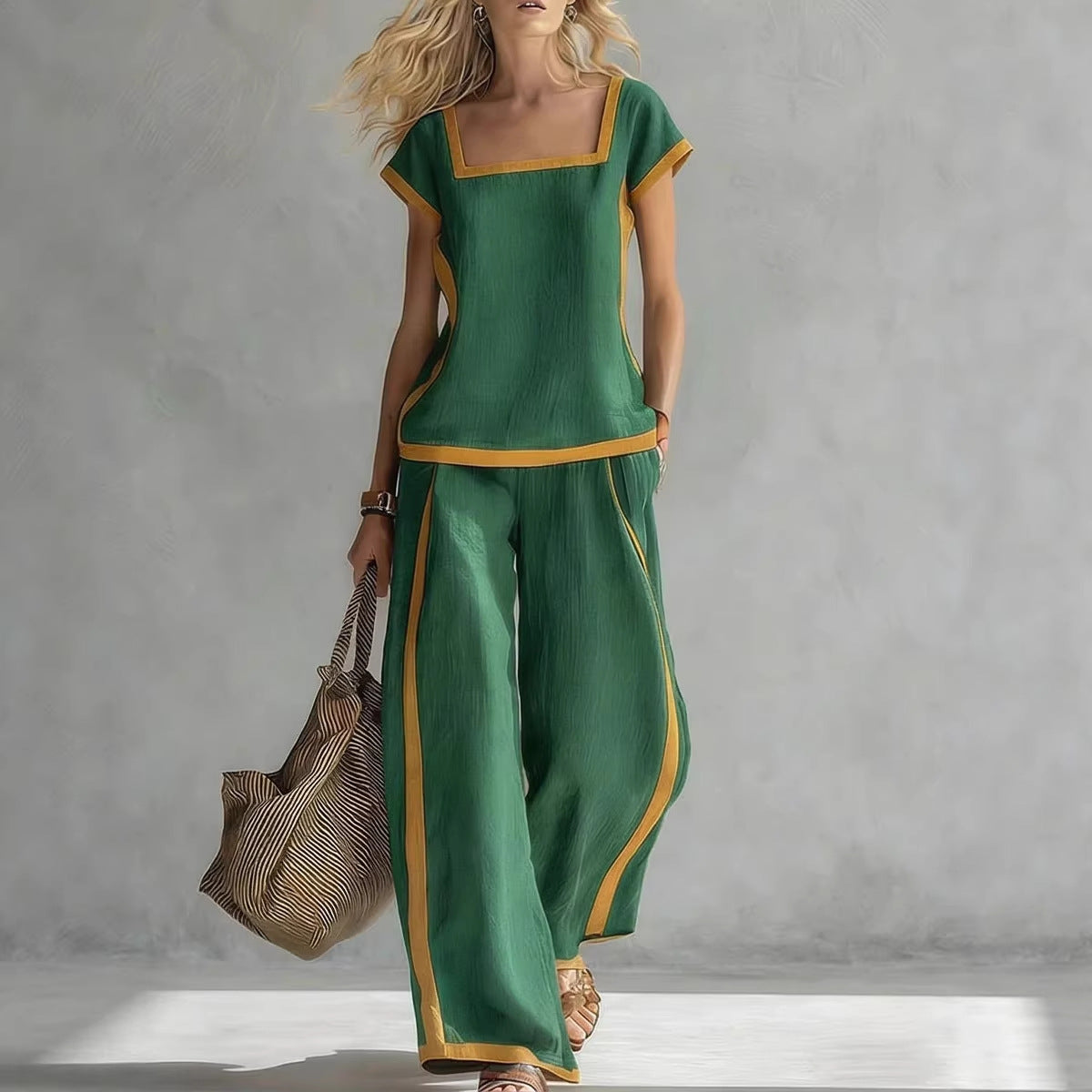 Square-Neck Three-Quarter Sleeve Loose Top & Pants Two-Piece Set