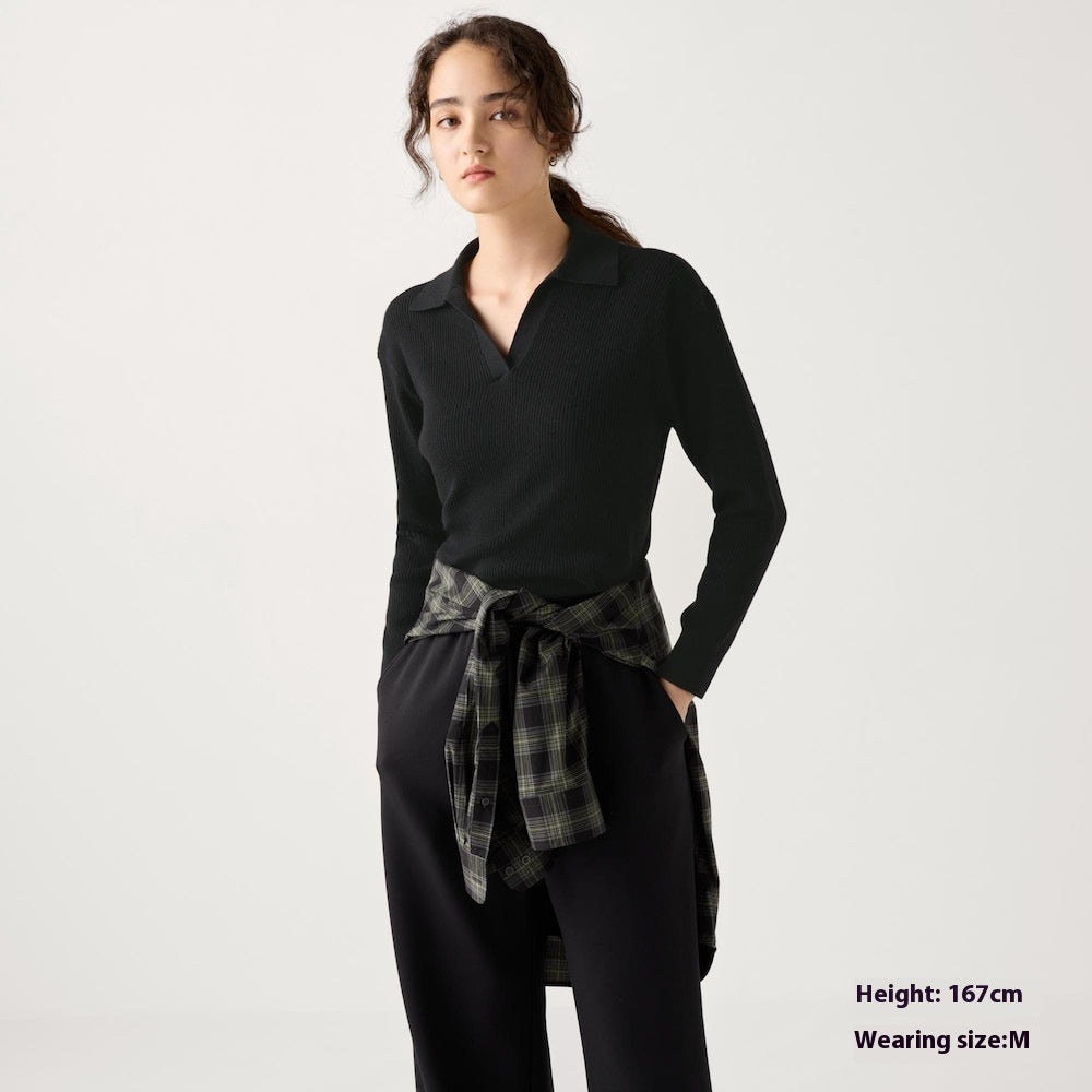 Women’s Ribbed Half-Open Collar Sweater