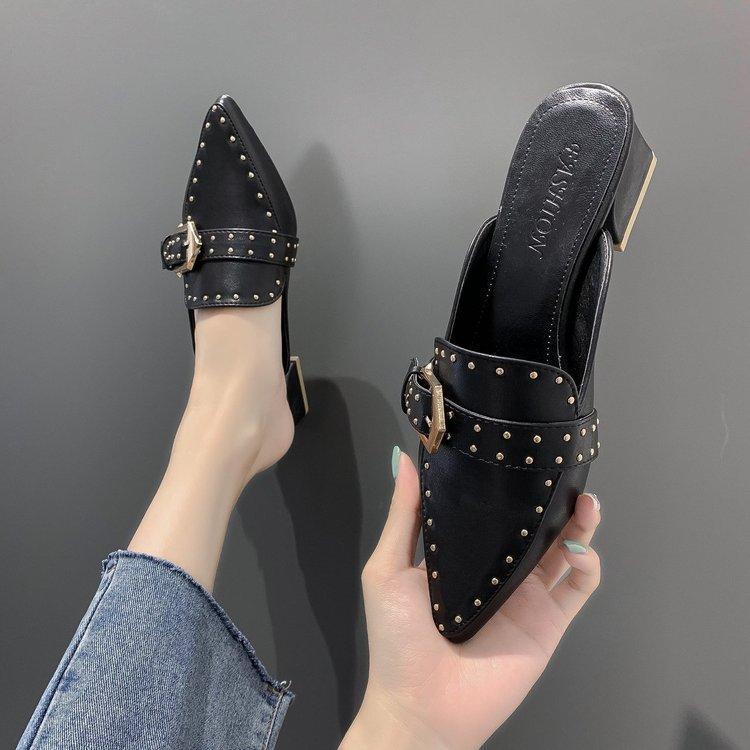 Women's Retro Pointed Toe Mid-Heel Closed-Toe Mules