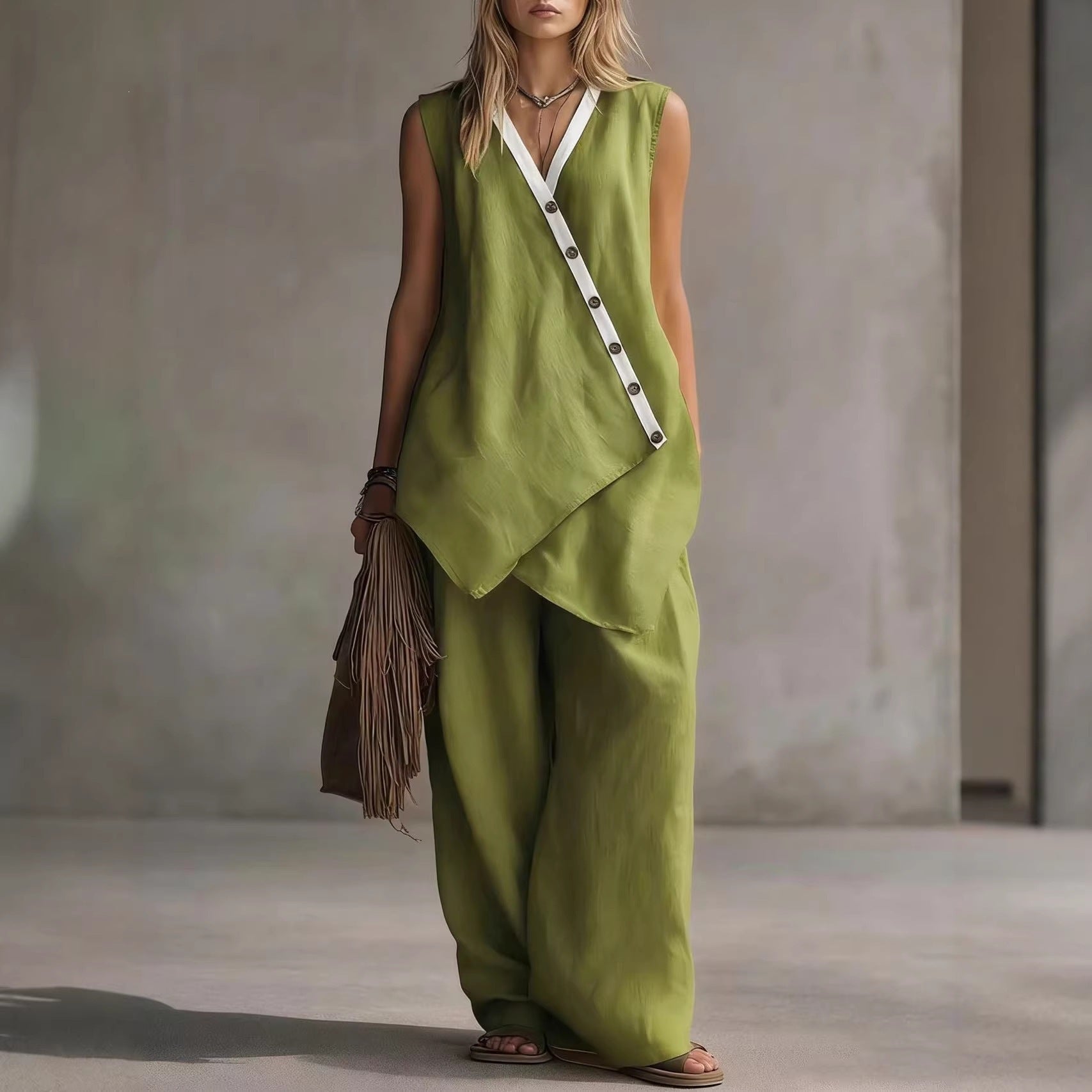 Women's Boho V-Neck Button Vest & Wide-Leg Pants Set
