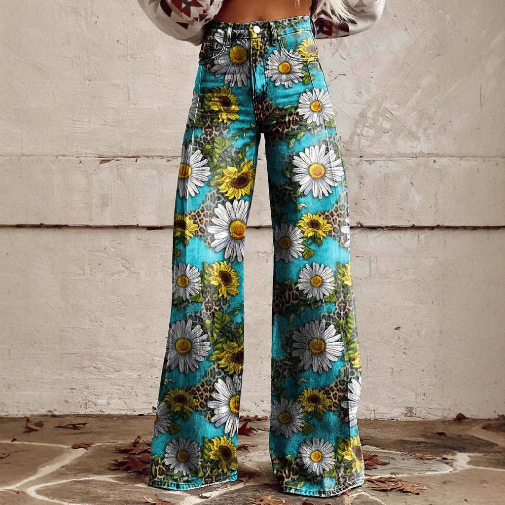 Women's Printed Flare Pants – Mid-Waist Full Length Plus Size