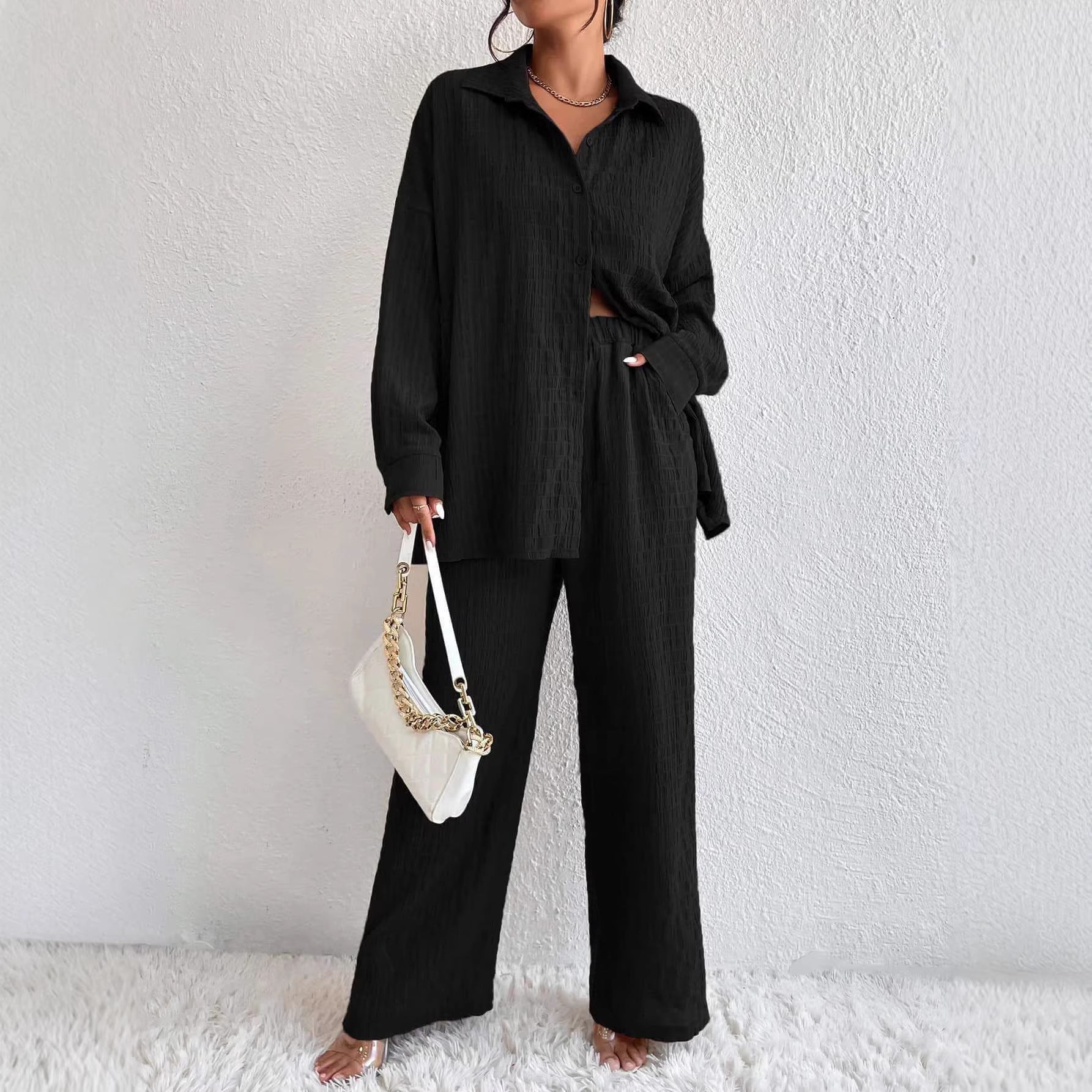 Women's Pleated Long Sleeve Lapel Two-Piece Set – Loose Top & Pants
