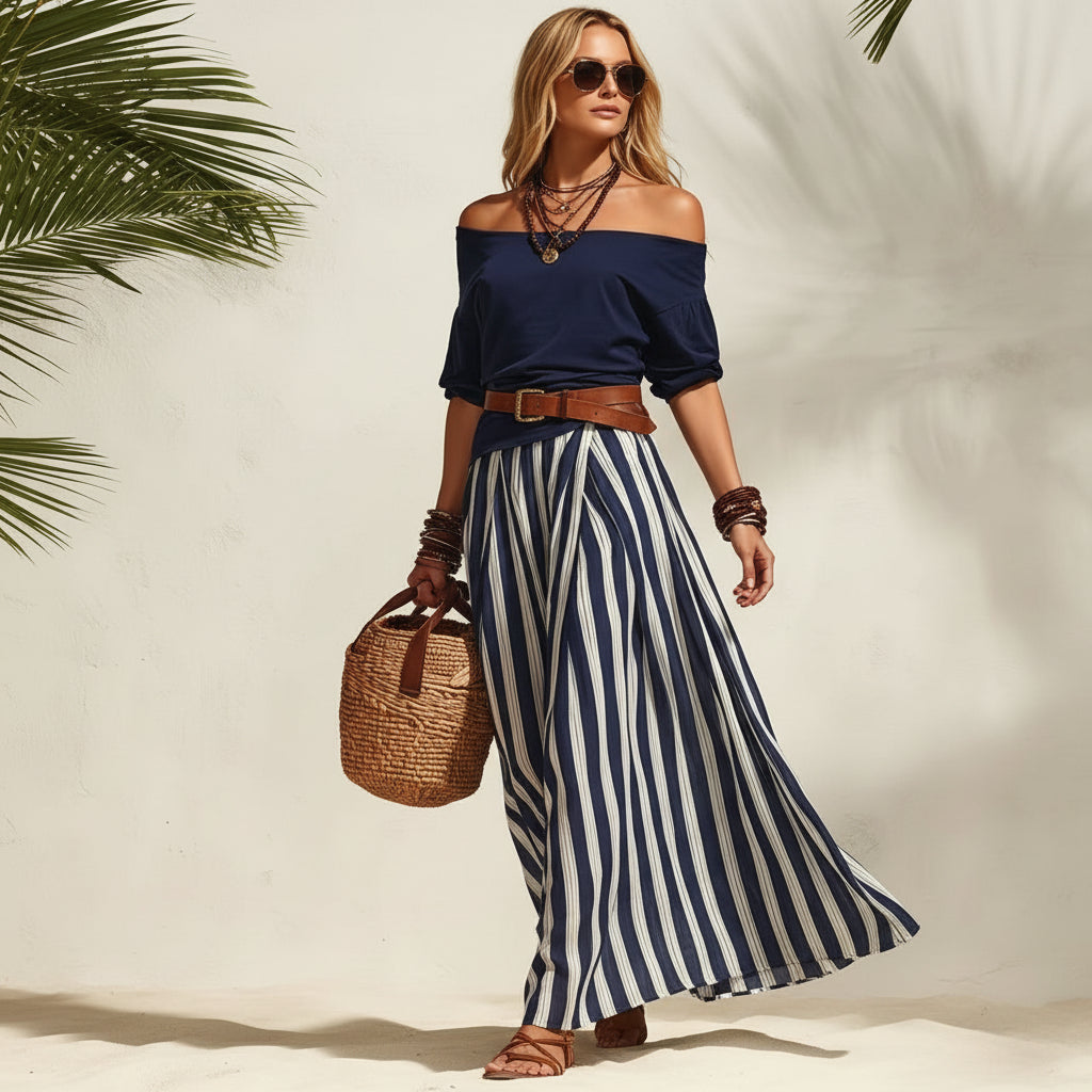 Women's Off-Shoulder Top & Slit Maxi Skirt Set