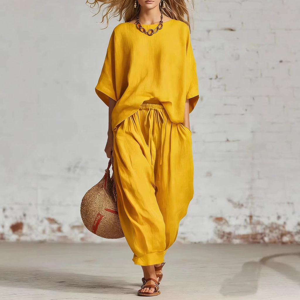 Women's Solid Color Loose Casual Set – T-Shirt & Ankle Pants