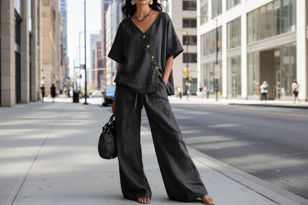 Women's Loose Cotton-Linen V-Neck Top & Wide-Leg Pants Set