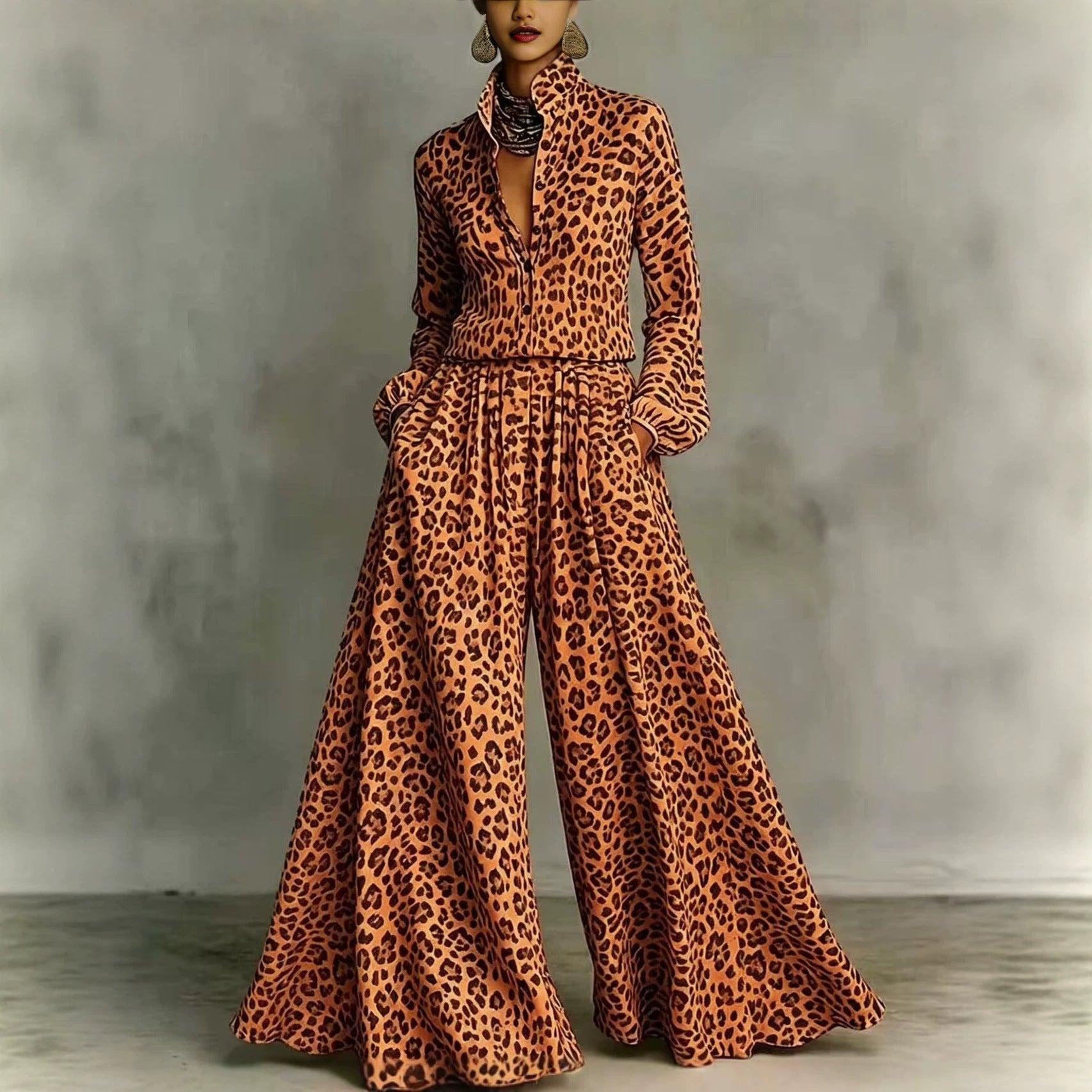 Leopard Print Wide-Leg Pants Set – Women’s Casual Two-Piece