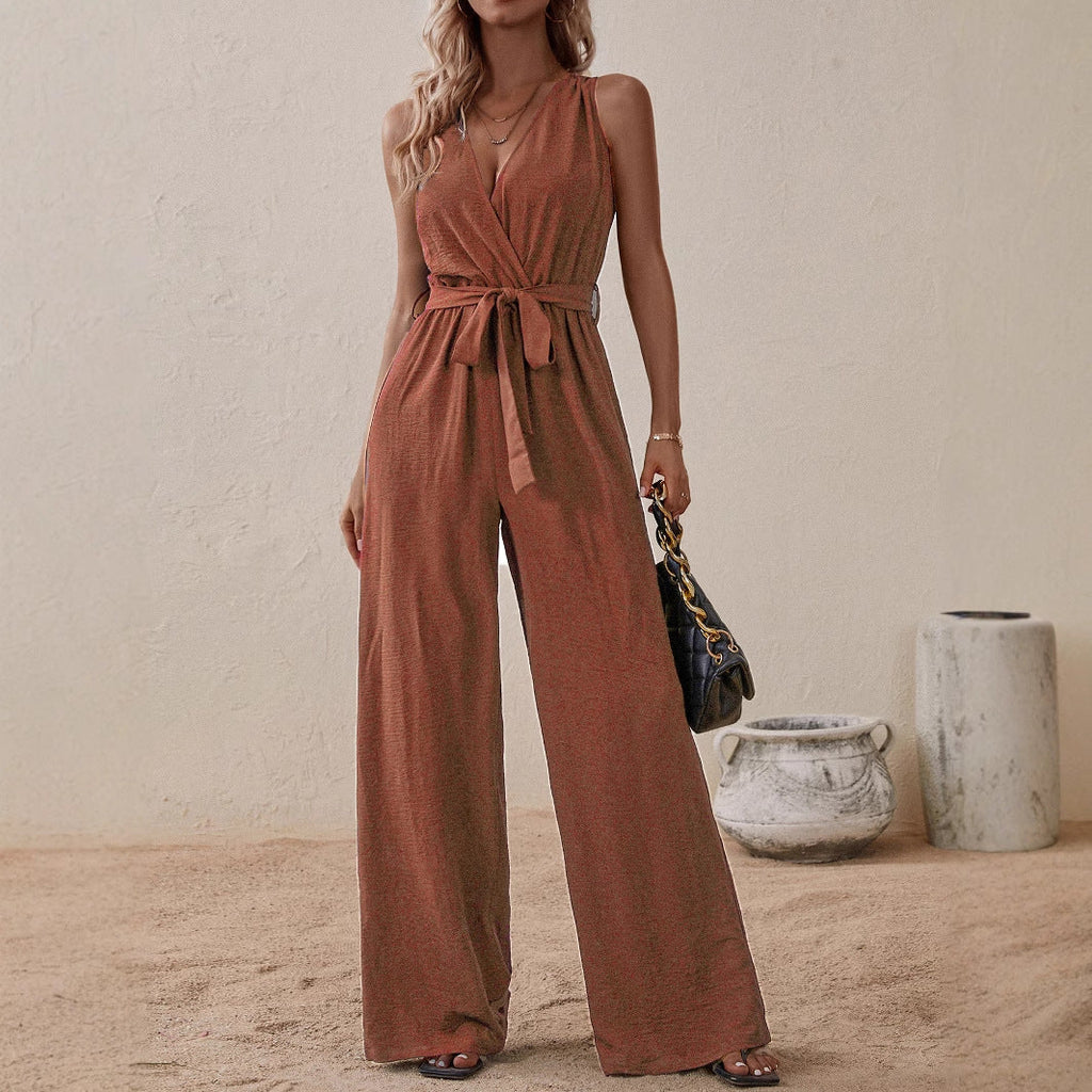 Women's Strap High-Waist Sleeveless Jumpsuit – Ice Silk Casual Wide-Leg
