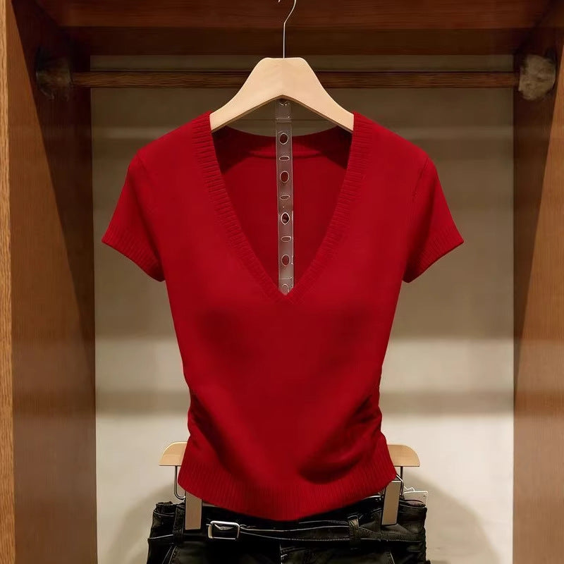 Solid Color Ice Silk Knit Top for Women – Slim-Fit Short Sleeve Elegant Commuter Top
