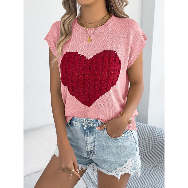 Women’s Heart Color Block Knit Top – Casual Sleeveless Valentine Tank
