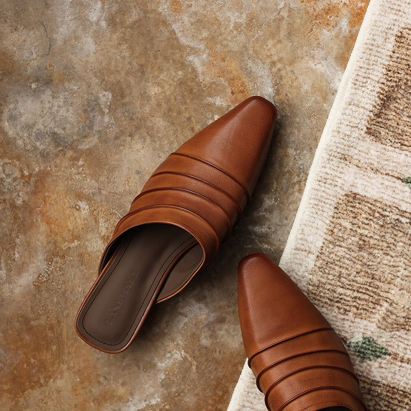 Handmade Sheepskin Ruched Mule Slides – Square Toe Low Heel