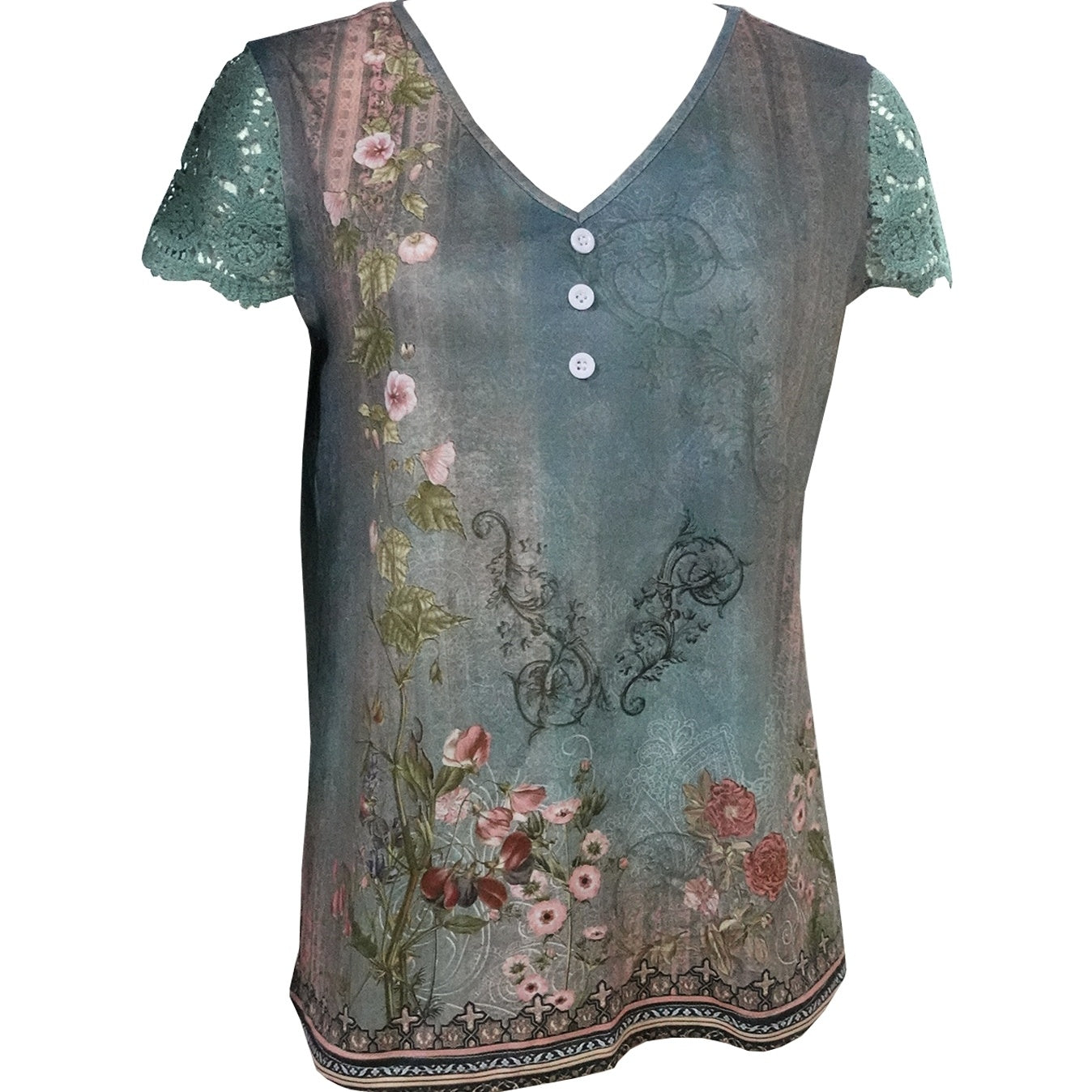 Women’s Floral Lace Sleeve Top – Elegant Short Sleeve Blouse