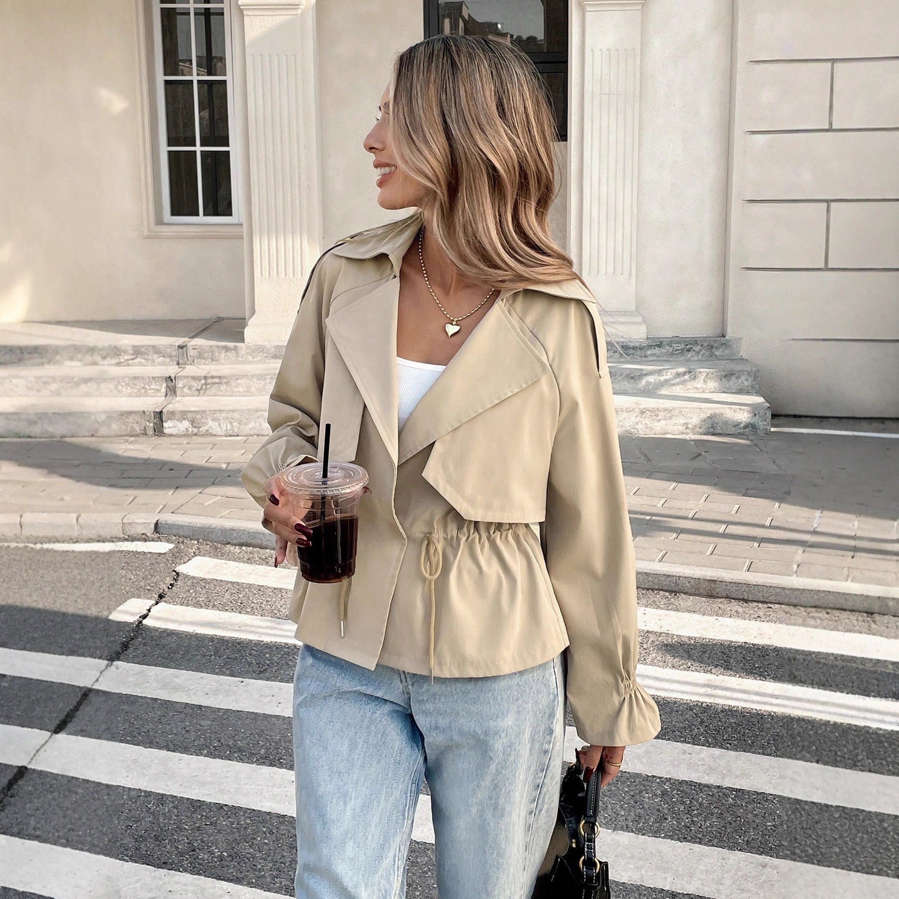 Women's Drawstring Waist Figure-Flattering Casual Coat – Khaki