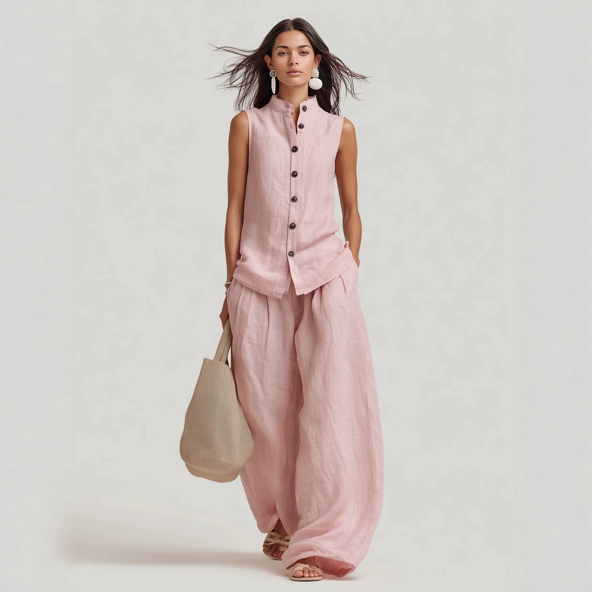 Women's Stand Collar Sleeveless Top & High-Waist Wide-Leg Pants Set