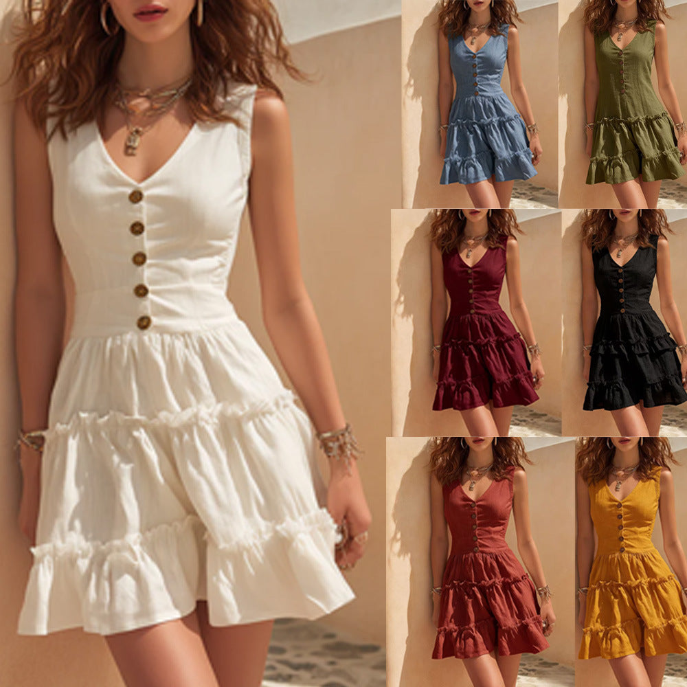 Women's Sleeveless Linen Button-Up Midi Dress