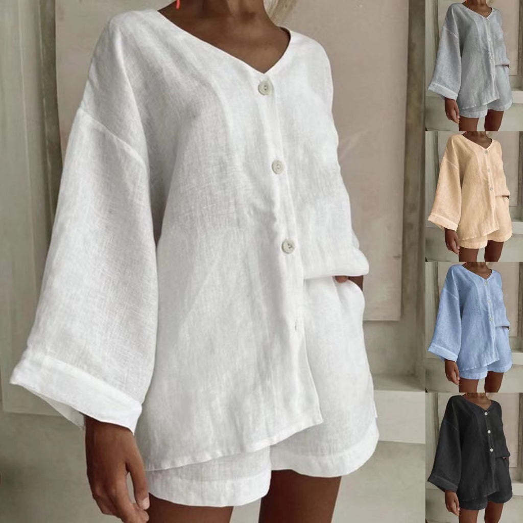 Women's Cotton Linen Shirt & Shorts Set – Long Sleeve, Button, Casual 2-Piece