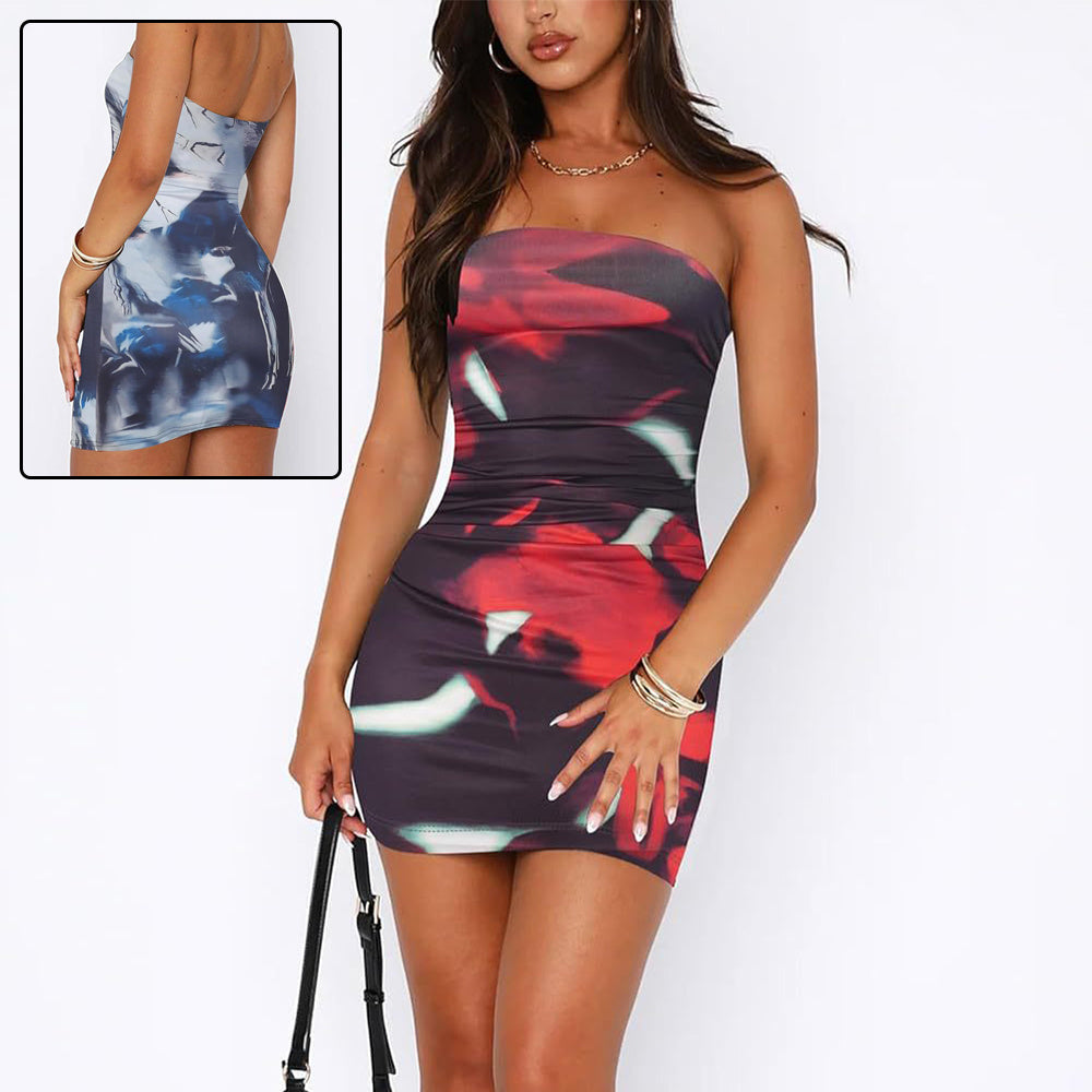 Women's Tube Top Printed Pleated Pullover Hip Wrap Short Dress
