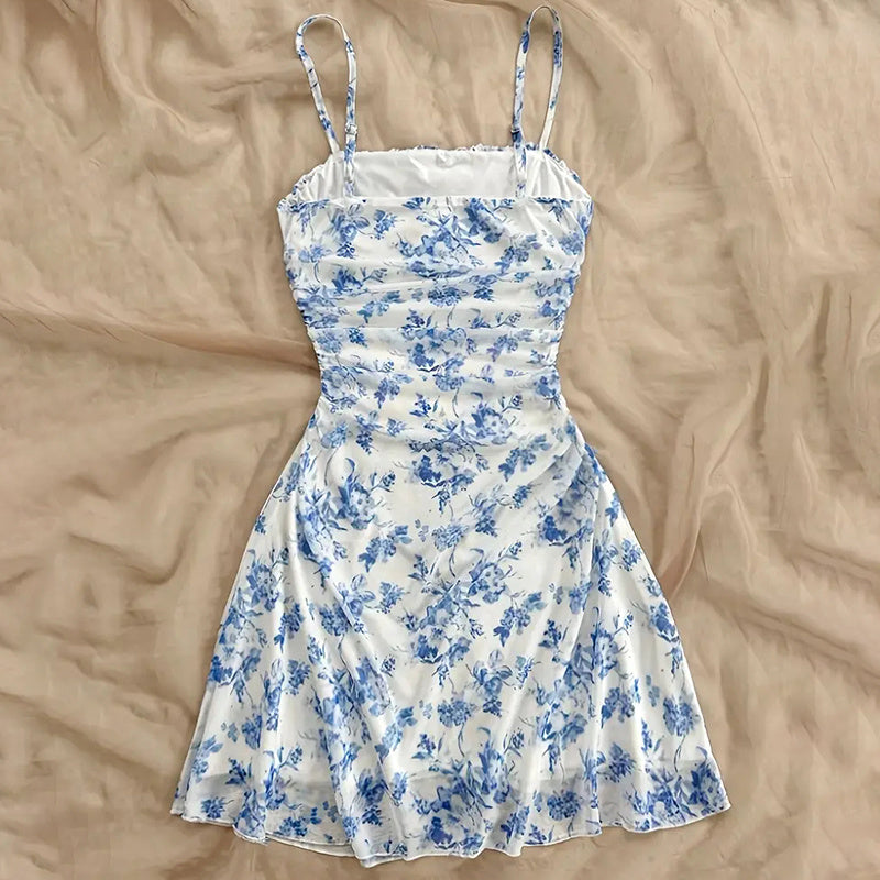 Boho Floral Spaghetti Strap Mini Dress – Ruched Ruffle Hem Vacation Sundress