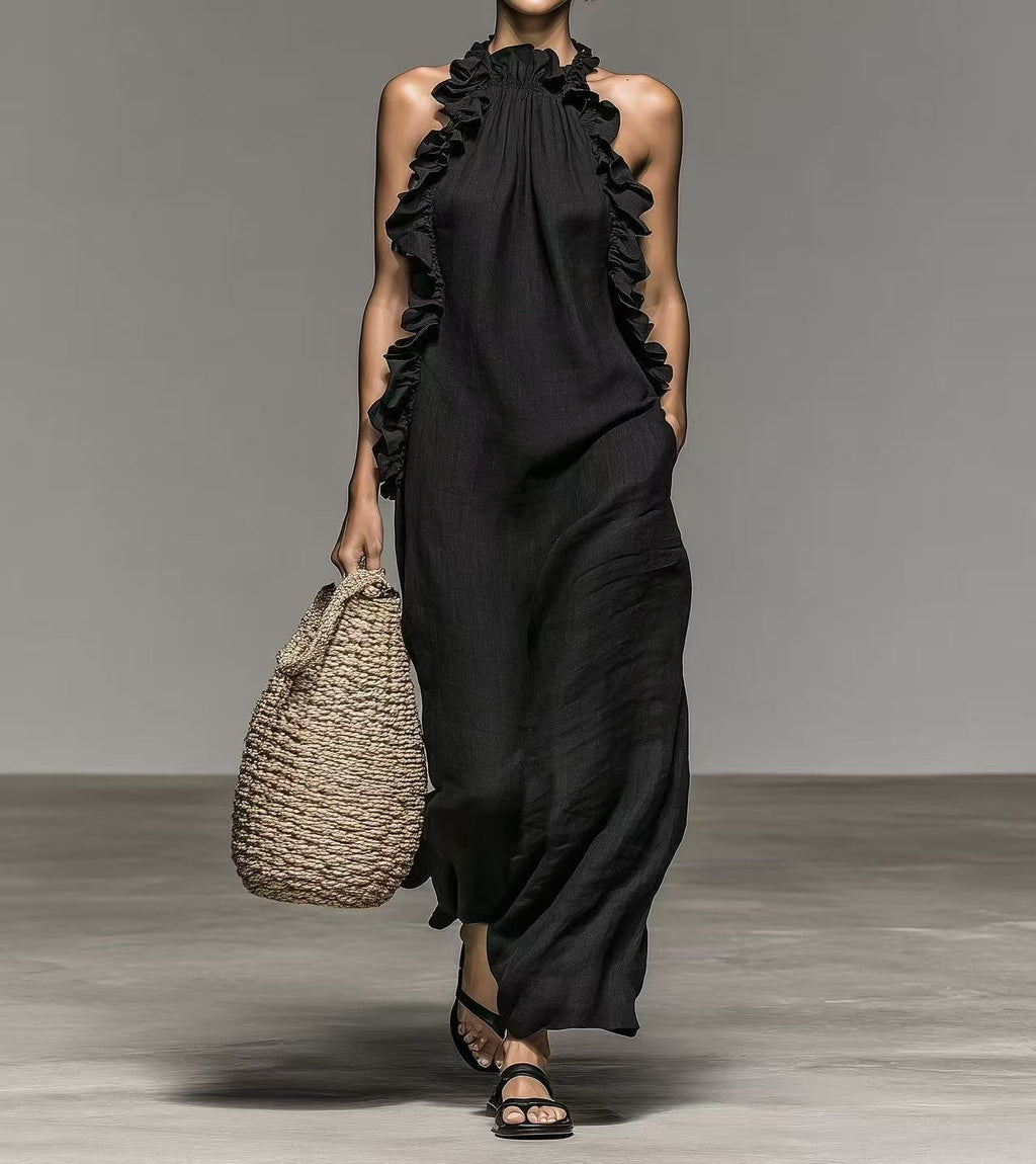 Halter Neck Ruffled Sleeveless Dress – Loose Fit Flowy Dress With Pockets