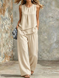 Women's Sleeveless Two-Piece Set – Solid Color Wide-Leg Pants & Top