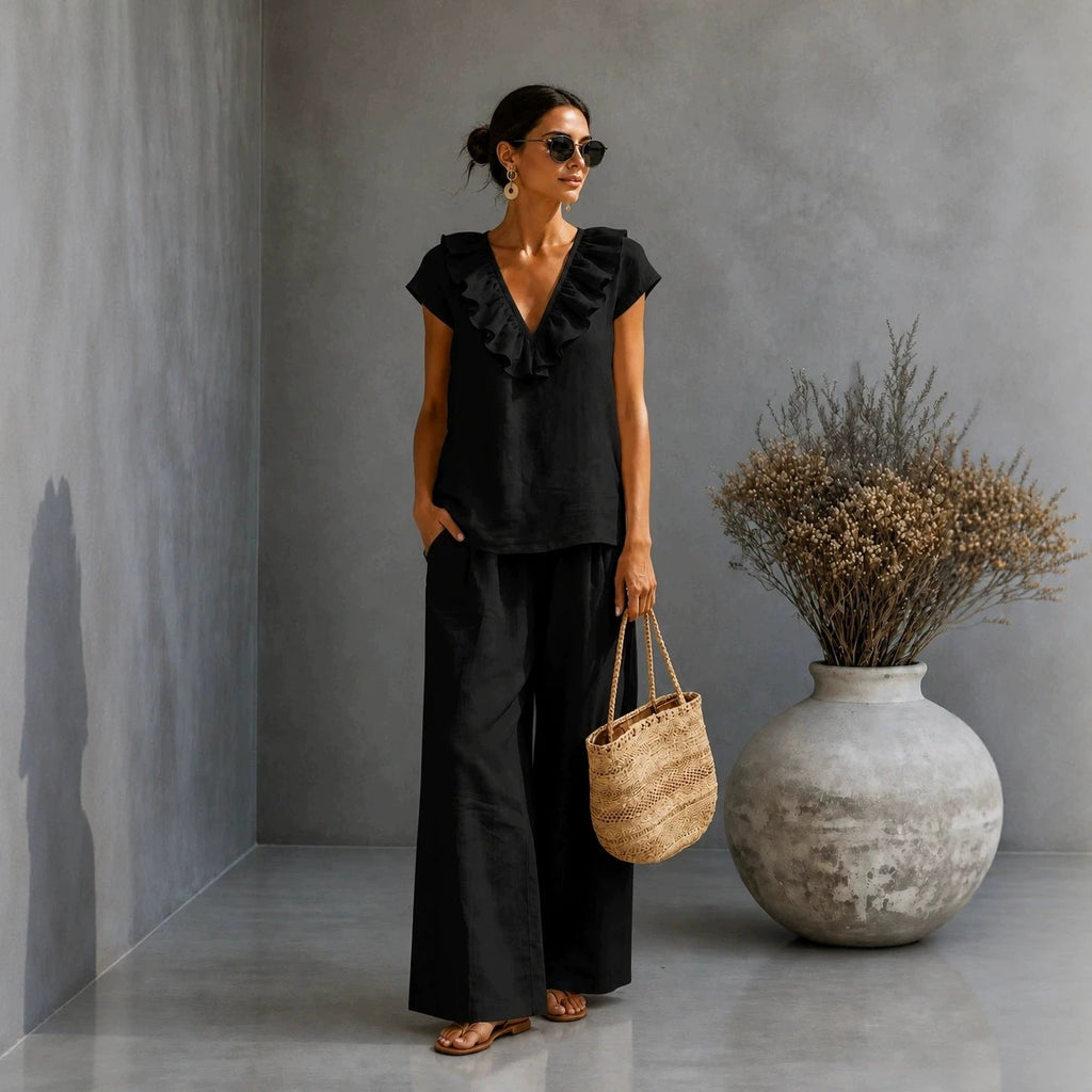 Women's V-Neck Ruffled Hem Top & Wide-Leg Pants Two-Piece Set