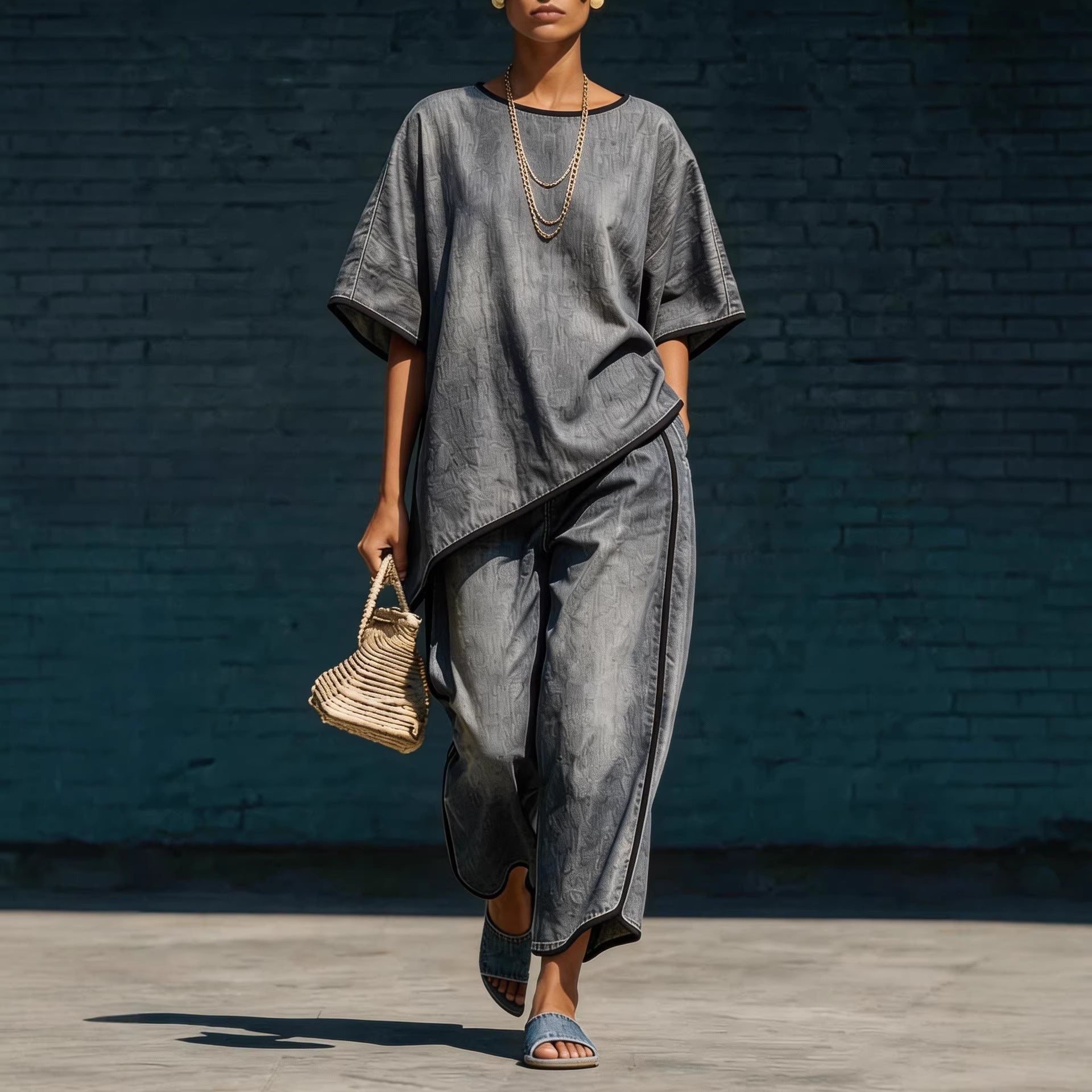 Women's Denim-Style Knit Top & Wide-Leg Pants Set – Casual 2-Piece