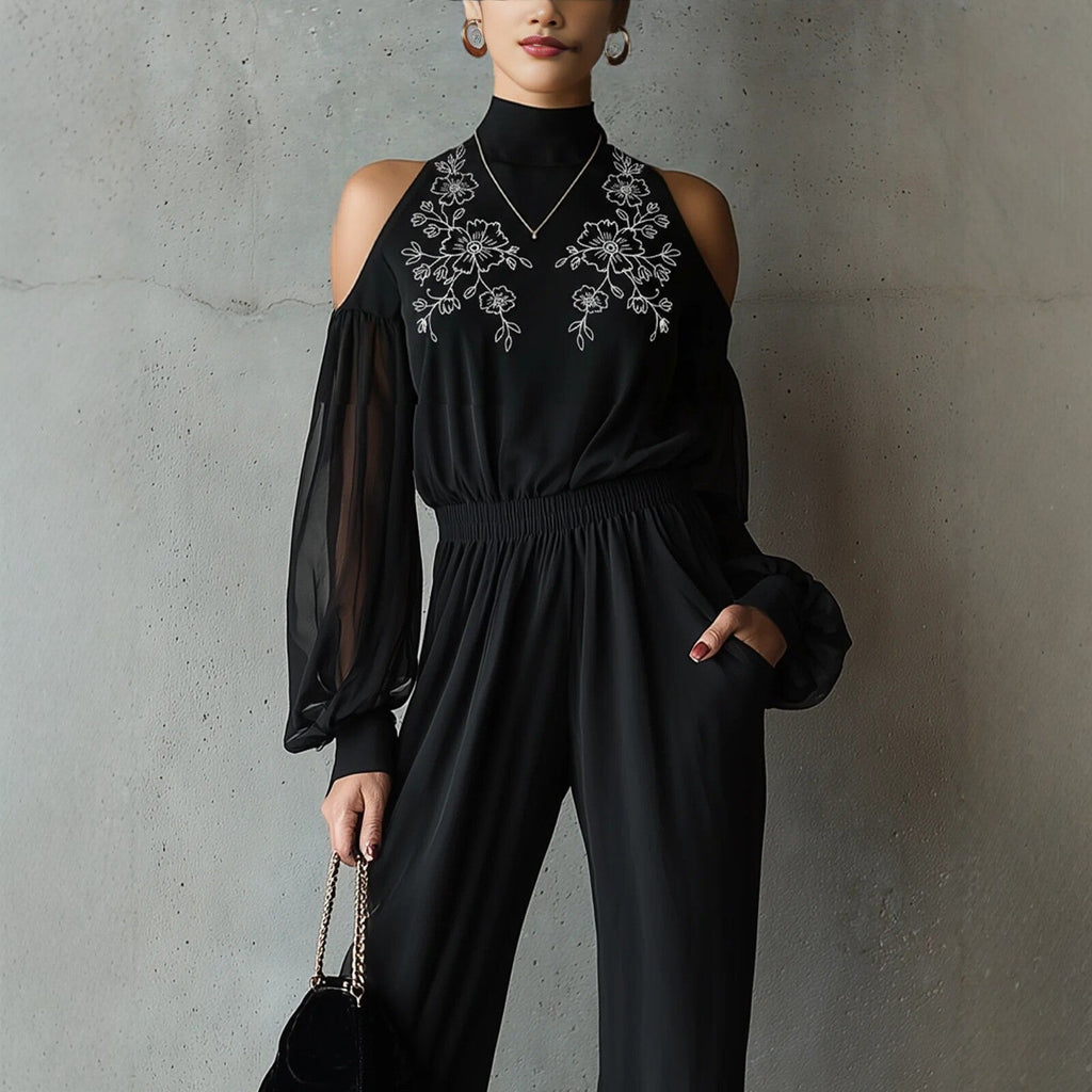 Black Embroidered Women’s Long-Sleeve Wide-Leg Jumpsuit