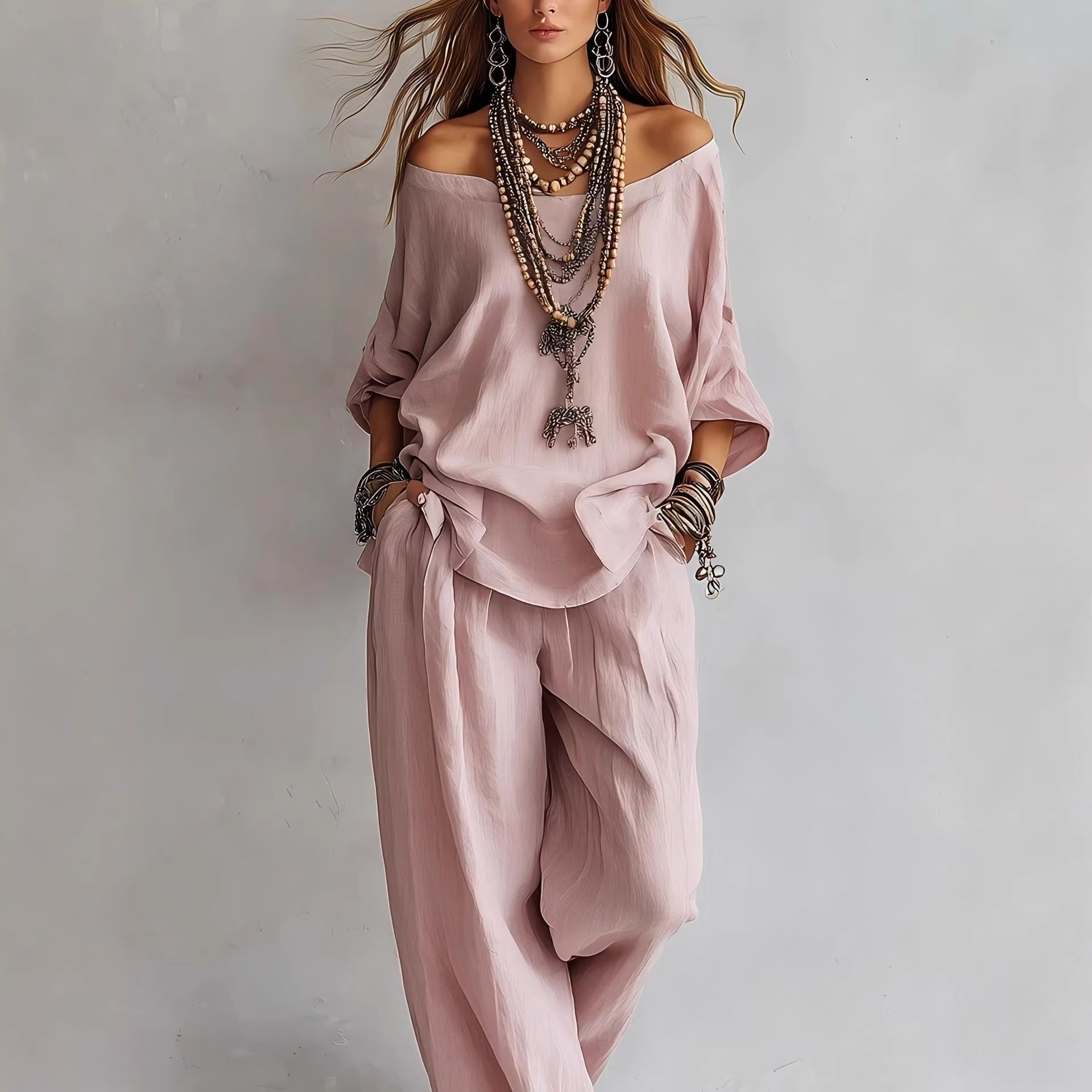 Chiffon Puff-Sleeve Top & Wide-Leg Pants Set – 15 Colors