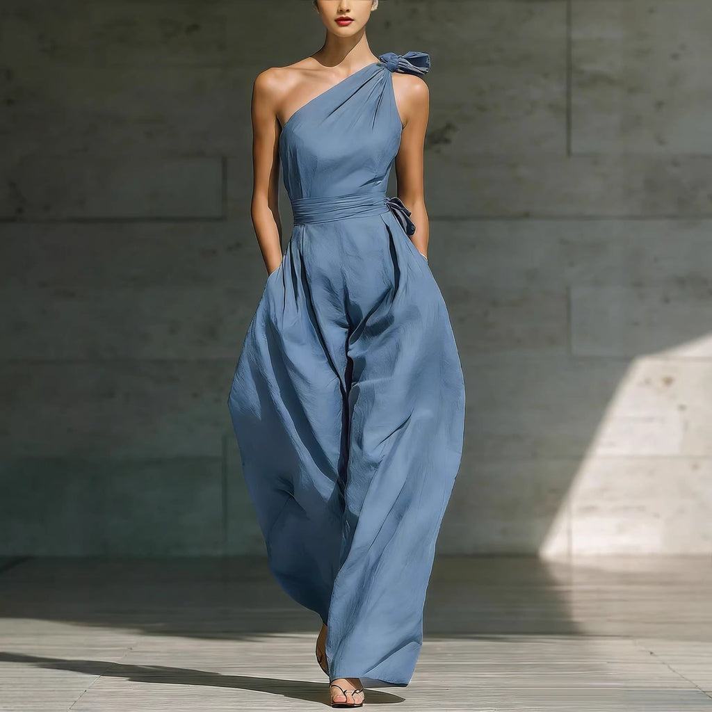 Women's Loose Sleeveless Off-Shoulder Belted Wide-Leg Jumpsuit