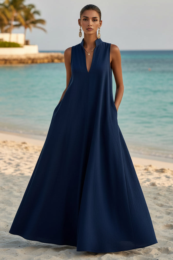 Linen Blend Sleeveless Stand-Collar Maxi Dress – 5 Colors S–3XL