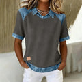 Patchwork Knitted Shirt Short-Sleeve Lapel Button-Up Shirt For Women