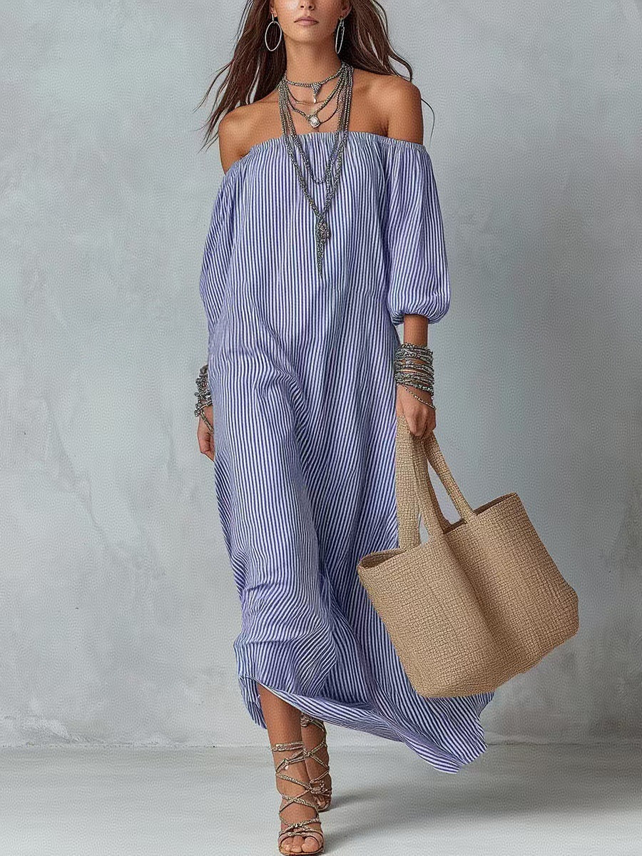 Women's Striped Loose-Fit Flared Maxi Dress – Holiday & Vacation