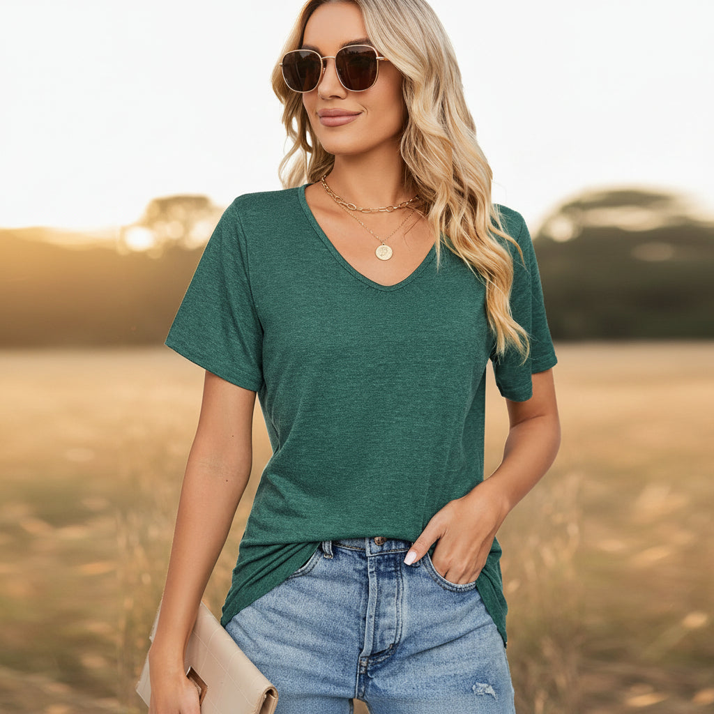 🌼 Women's V-Neck Pleated Loose-Fit T-Shirt – Effortless Summer Elegance