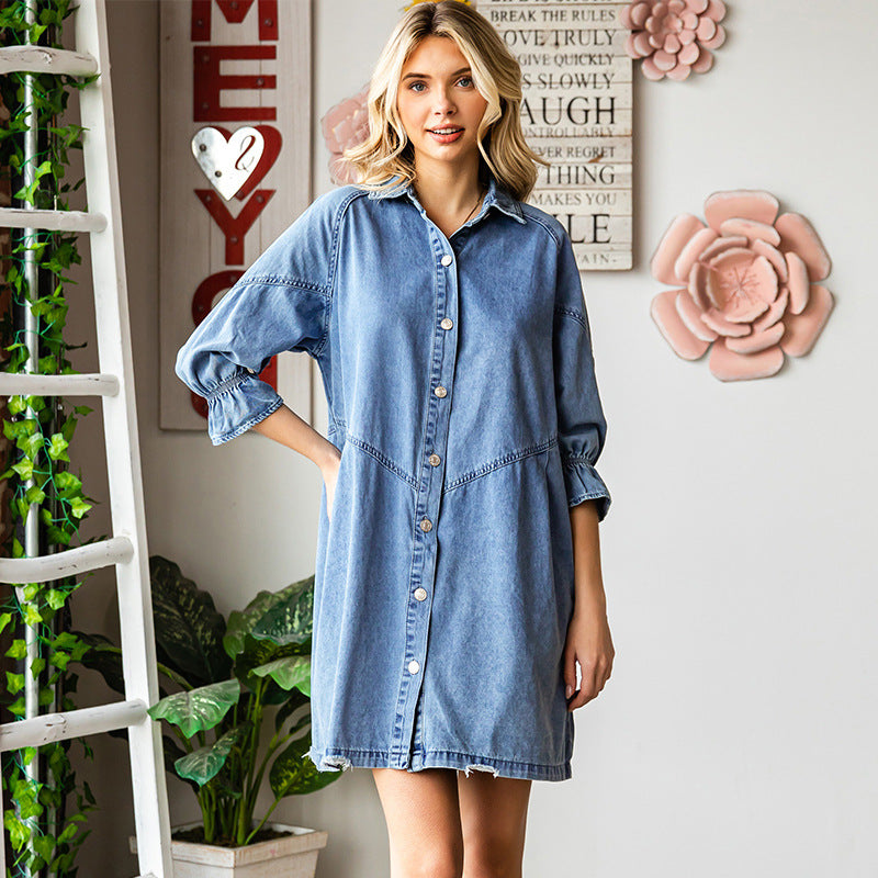 Women's Three-Quarter Sleeve Denim Dress – Ruffle Detail Mid-Length