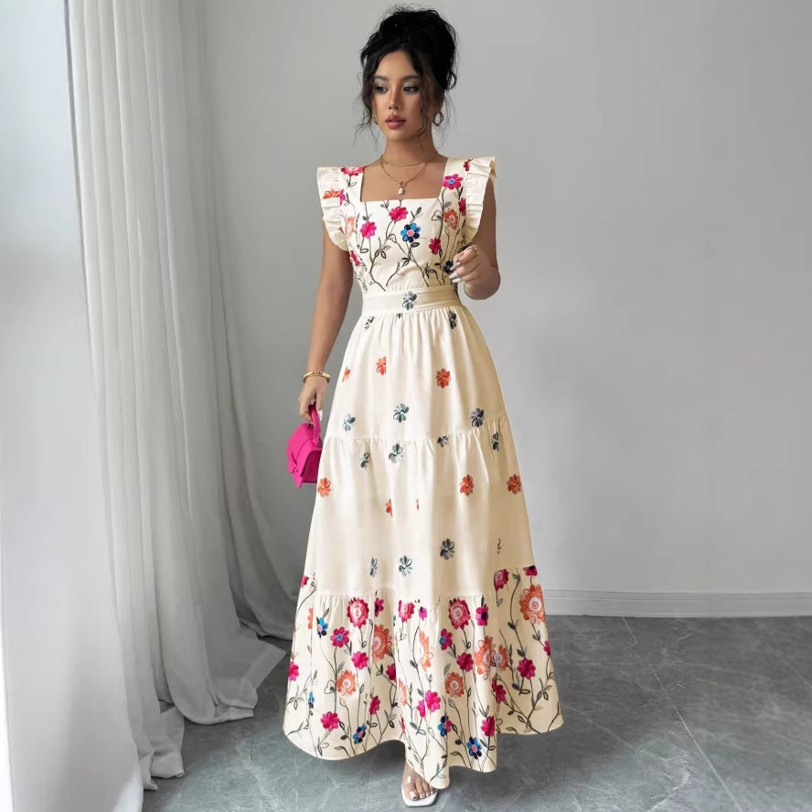 Women’s Puff Sleeve Floral Print Waist-Cinching Dress
