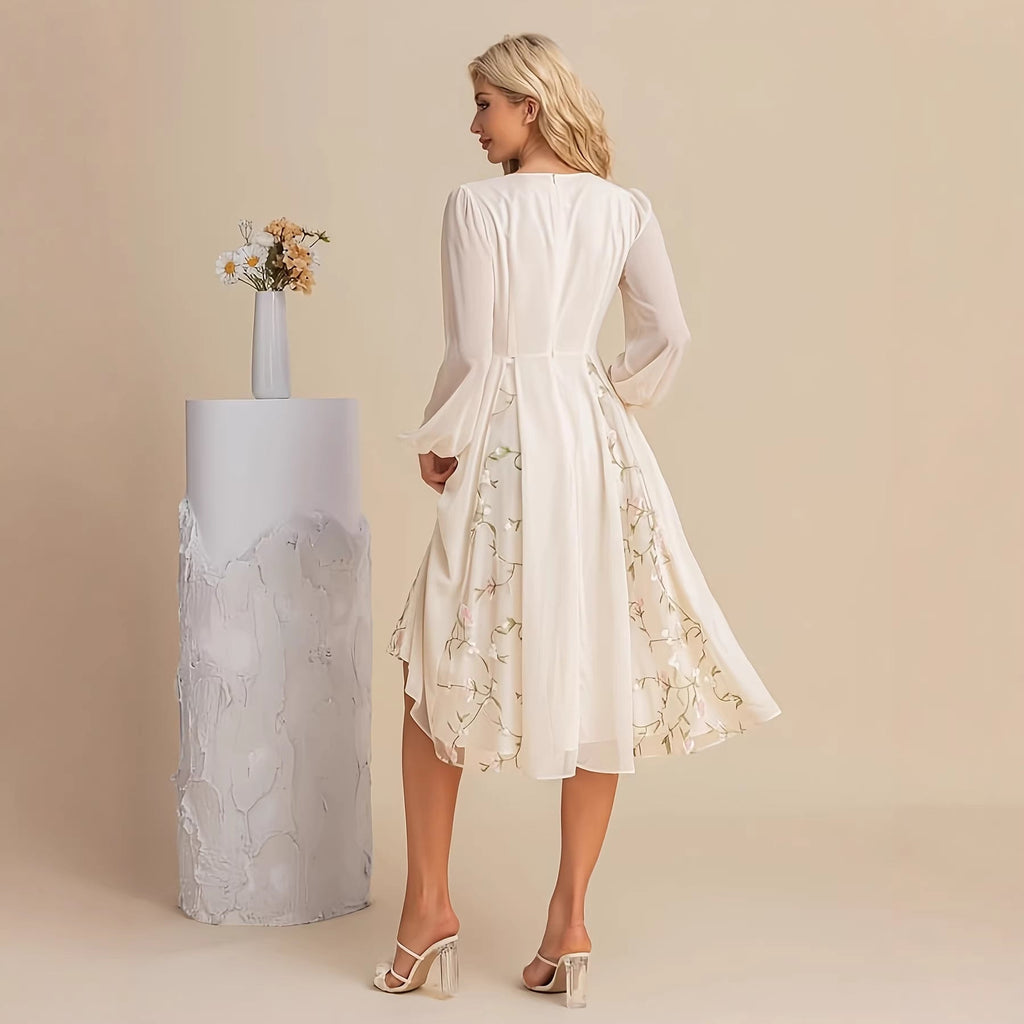 Floral Long Sleeve V-Neck Pleated Midi Dress – High Waist Flared Hem