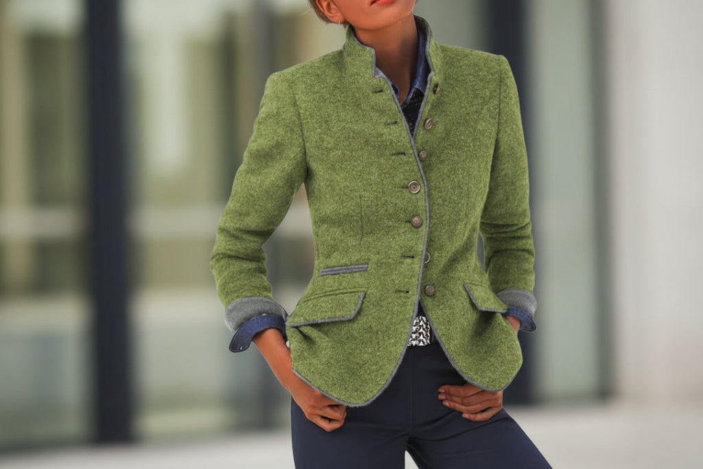 Women’s Color-Block Woolen Jacket – Multi-Button Casual Elegant Coat