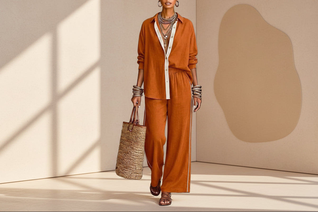 Contrast-Color Long-Sleeve Shirt & Pants Set – Two-Piece