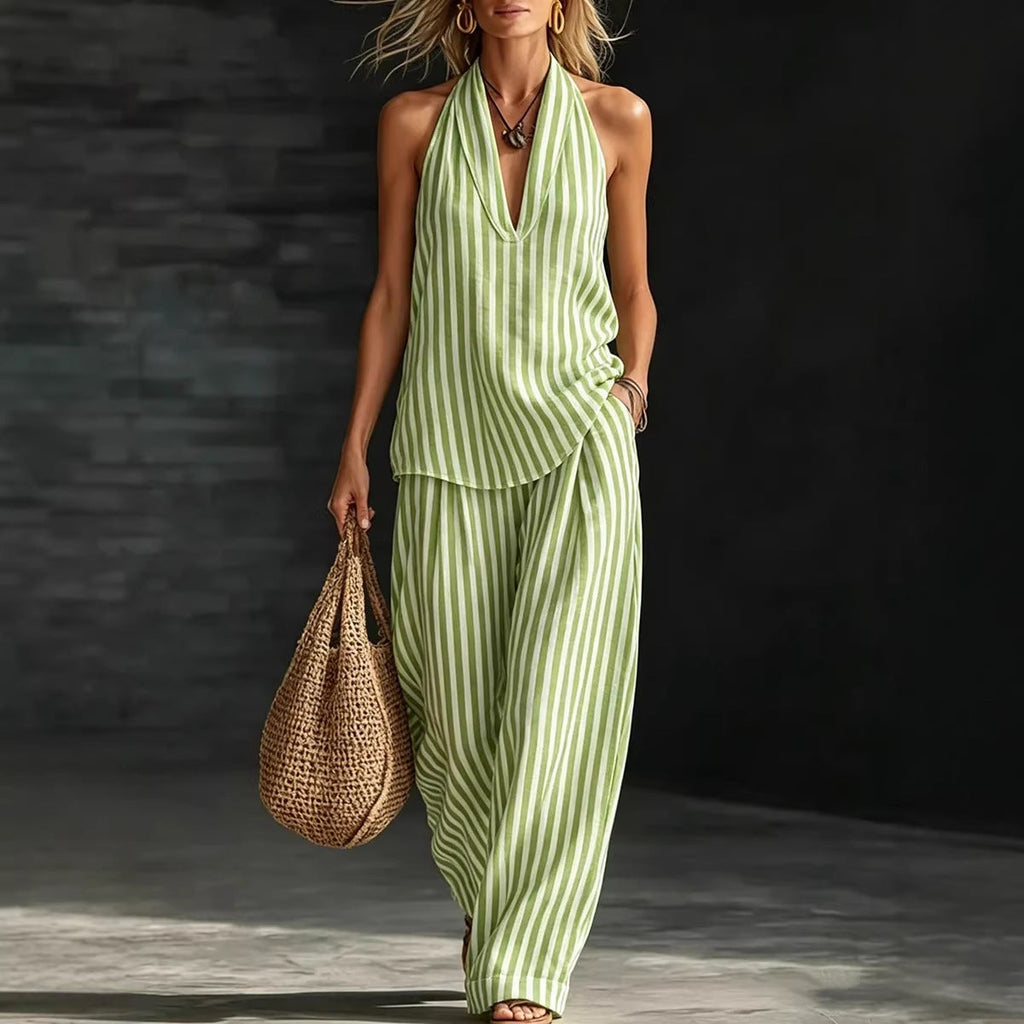 Women's Striped Sleeveless Top & Wide-Leg Pants Set – Fashionable 2-Piece