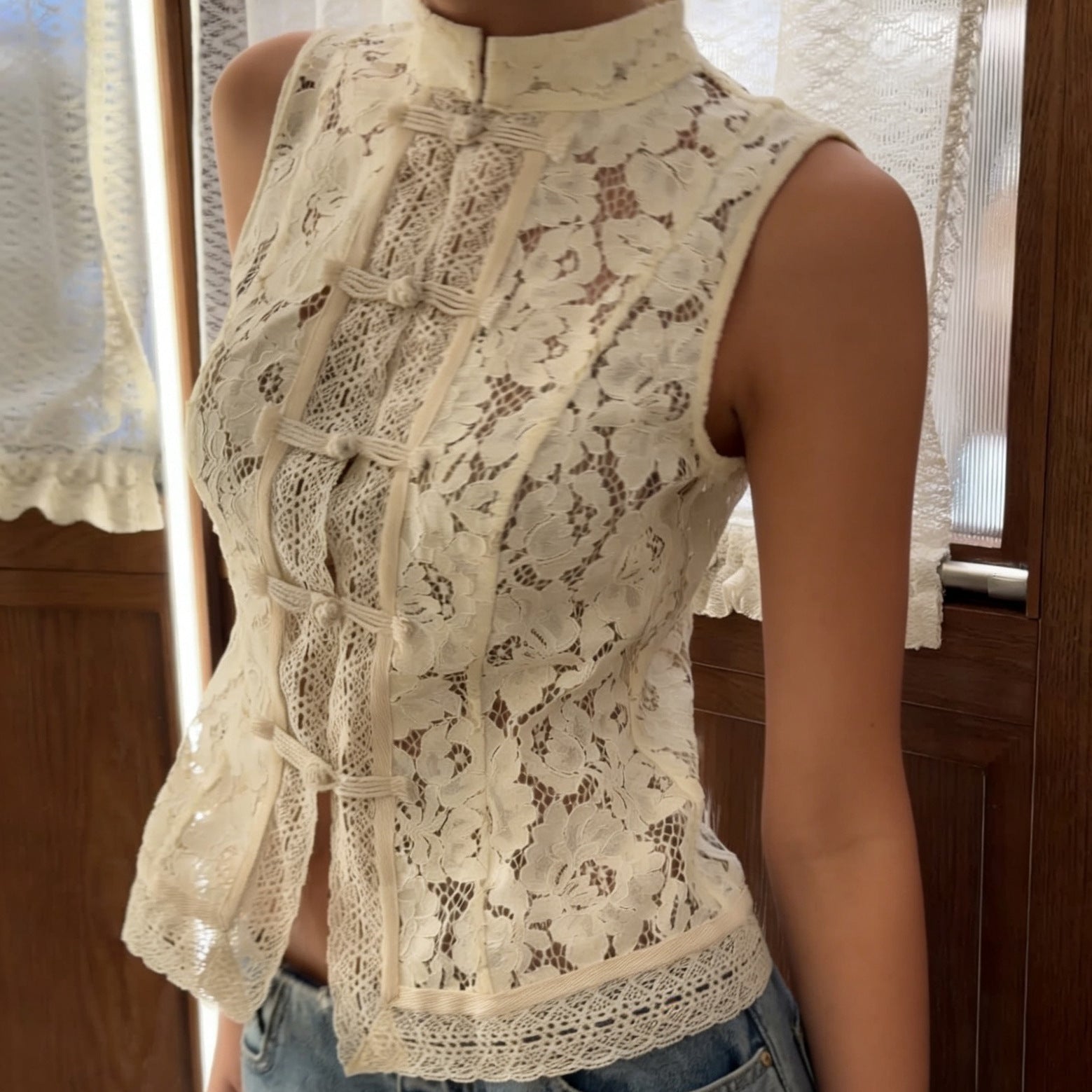 Lace Crochet Stand Collar Slim-Fit Sleeveless Top – 3 Colors, S–L