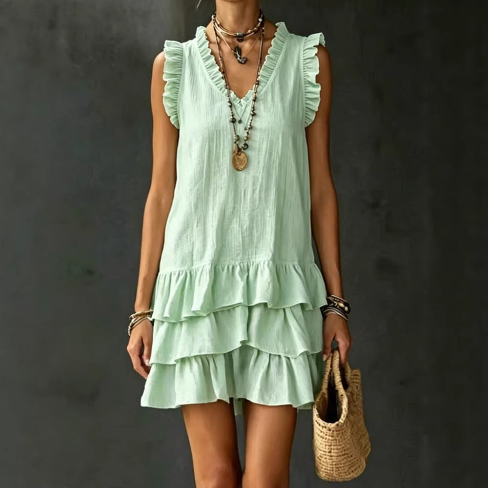 V-Neck Ruffle-Trim Tiered Sleeveless Midi Dress – 4 Colors, S–XXL