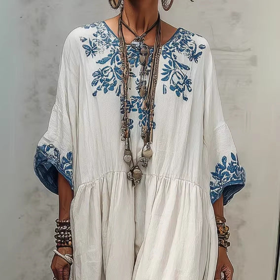 Women's Printed Batwing Sleeve Midi Dress – Loose Fit Linen Blend