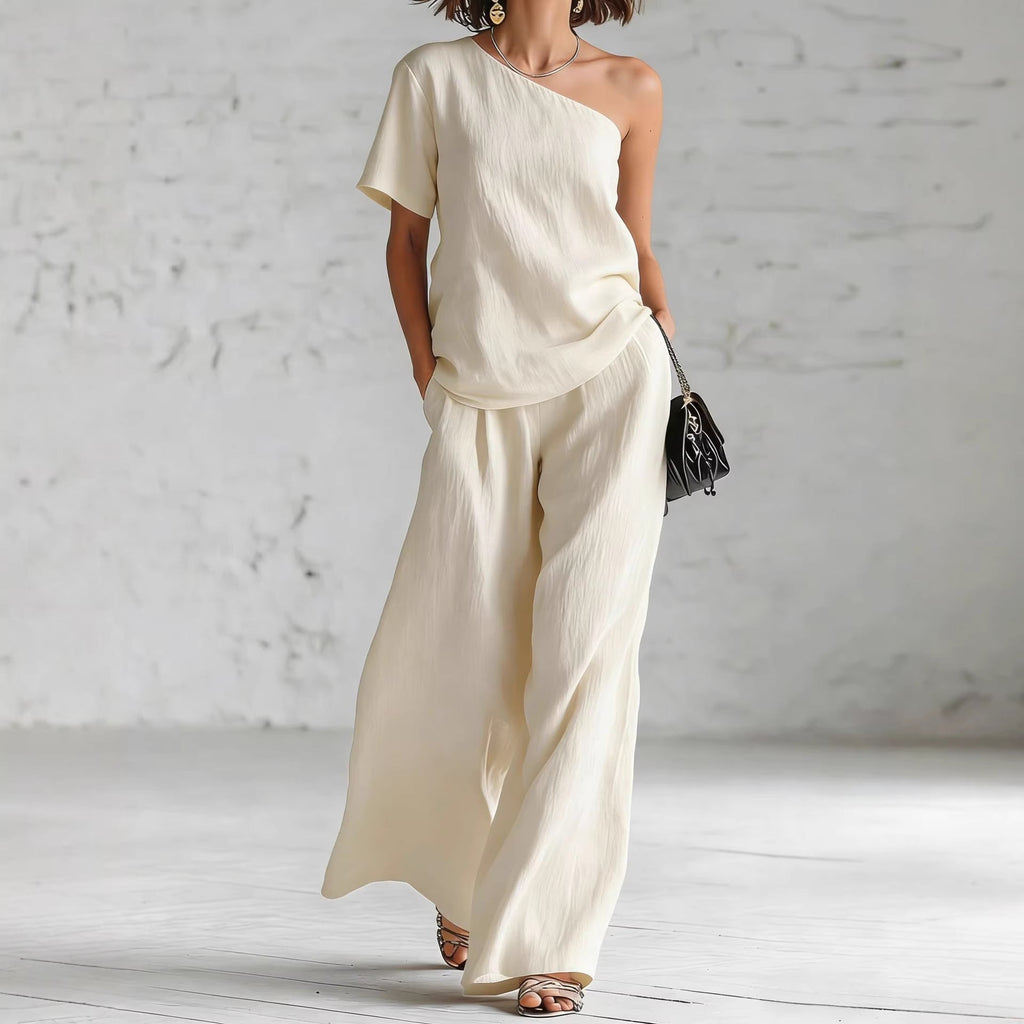 Women's Wide-Leg Pants & Top Set – 2-Piece Three-Quarter Sleeve Outfit