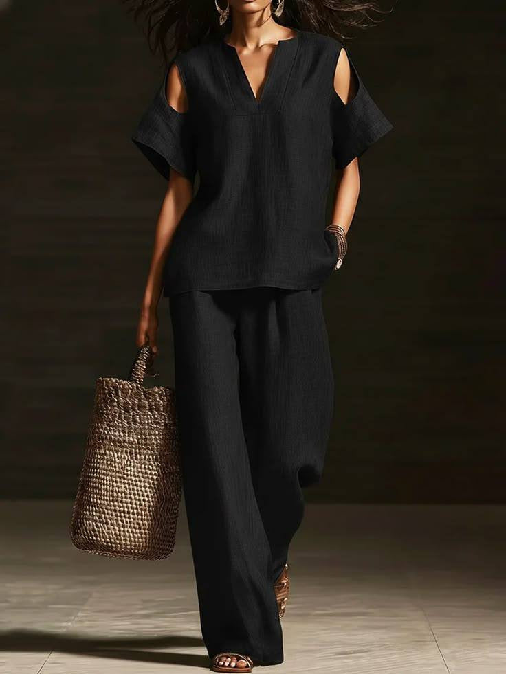 V-Neck Short Sleeve Top & Straight-Leg Pants Set – Ripped Detail, Pockets, Solid Color