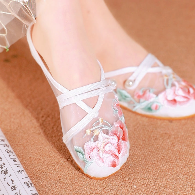 Women's Floral Embroidered Mesh Shoes – Breathable Hollow-Out Retro Flats