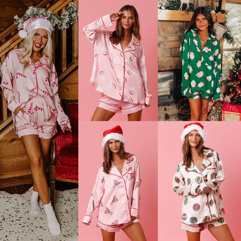 Women’s Satin Santa Claus Pajama Set | Christmas Print Two-Piece Loungewear