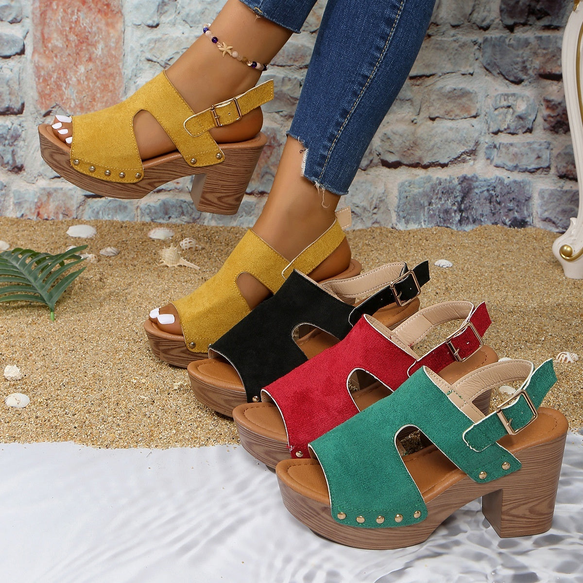 Women's Peep-Toe Chunky Heel Buckle Sandals
