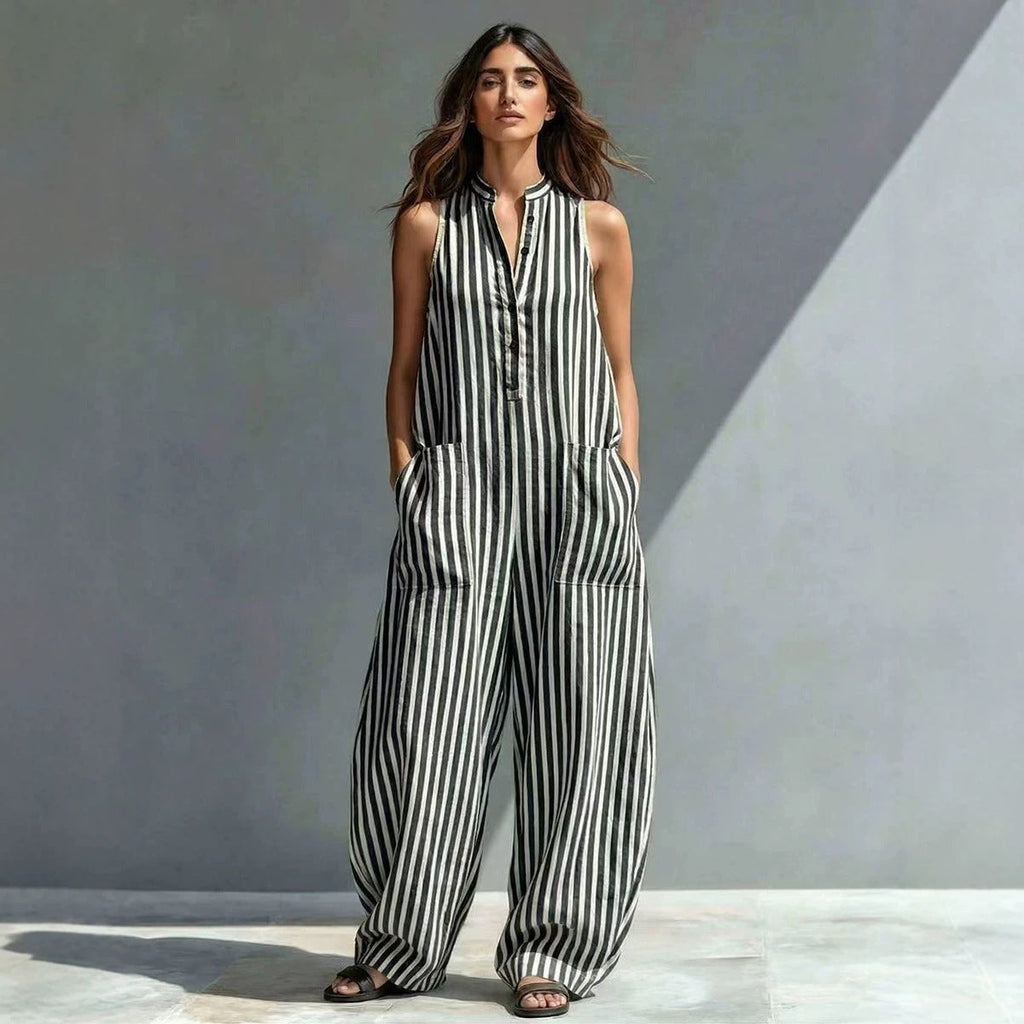 V-Neck Sleeveless Striped Loose Cropped Jumpsuit | 3 Colors S–3XL
