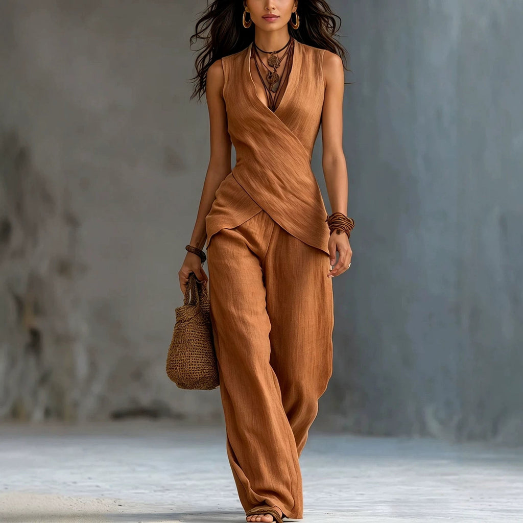 Women's V-Neck Crossover Tank Top & Casual Trousers Two-Piece Set